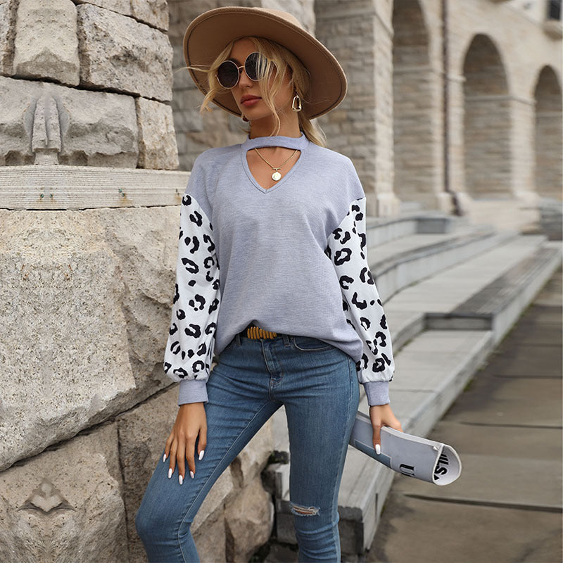 Damen Lässiger Pullover mit Leopardenärmel Shop Nory