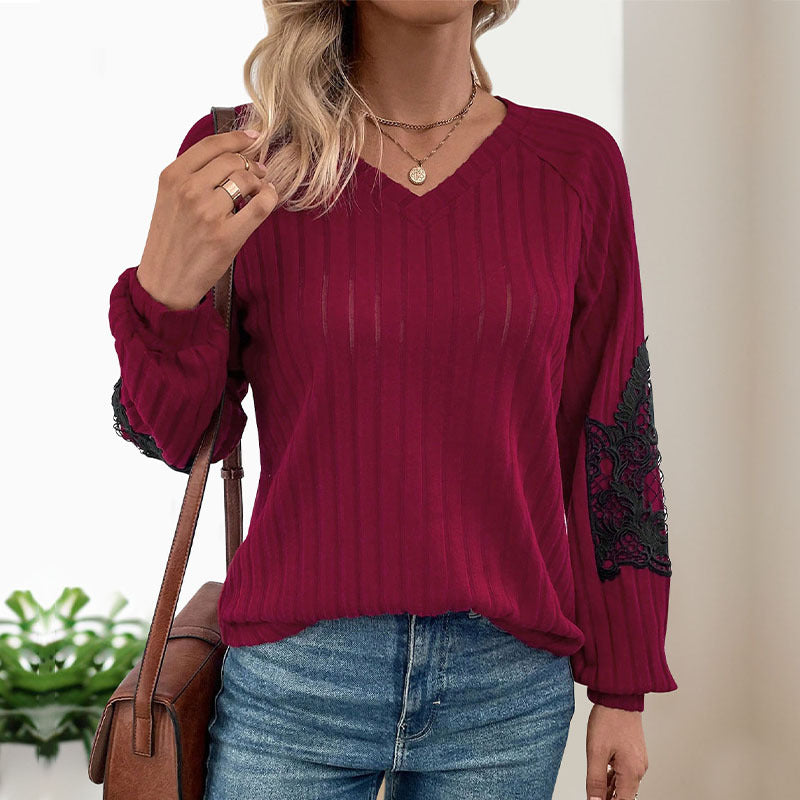 Damen Leichter Rippstrick-Pullover mit V-Ausschnitt und floraler Spitzenapplikation an den Ärmeln Shop Nory