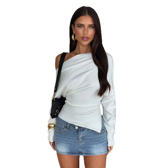 Damen nan figurnahes Stretch-Top mit weitem U-Boot-Ausschnitt und asymmetrischem Saum Shop Nory