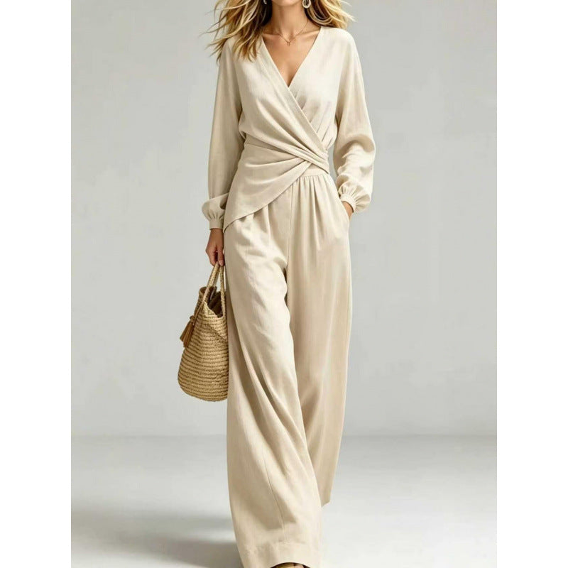 Damen Wickel-Jumpsuit mit weitem Bein und V-Ausschnitt Shop Nory