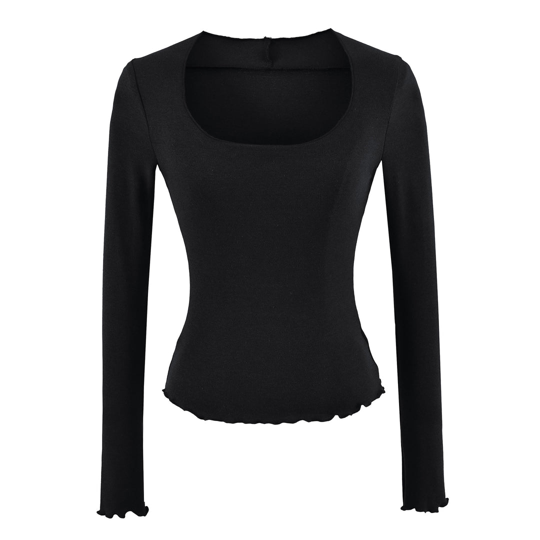 Damen Figurbetontes Langarm-Feinstrickshirt mit quadratischem Ausschnitt und Wellensaum Shop Nory