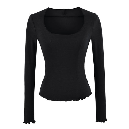 Damen Figurbetontes Langarm-Feinstrickshirt mit quadratischem Ausschnitt und Wellensaum Shop Nory