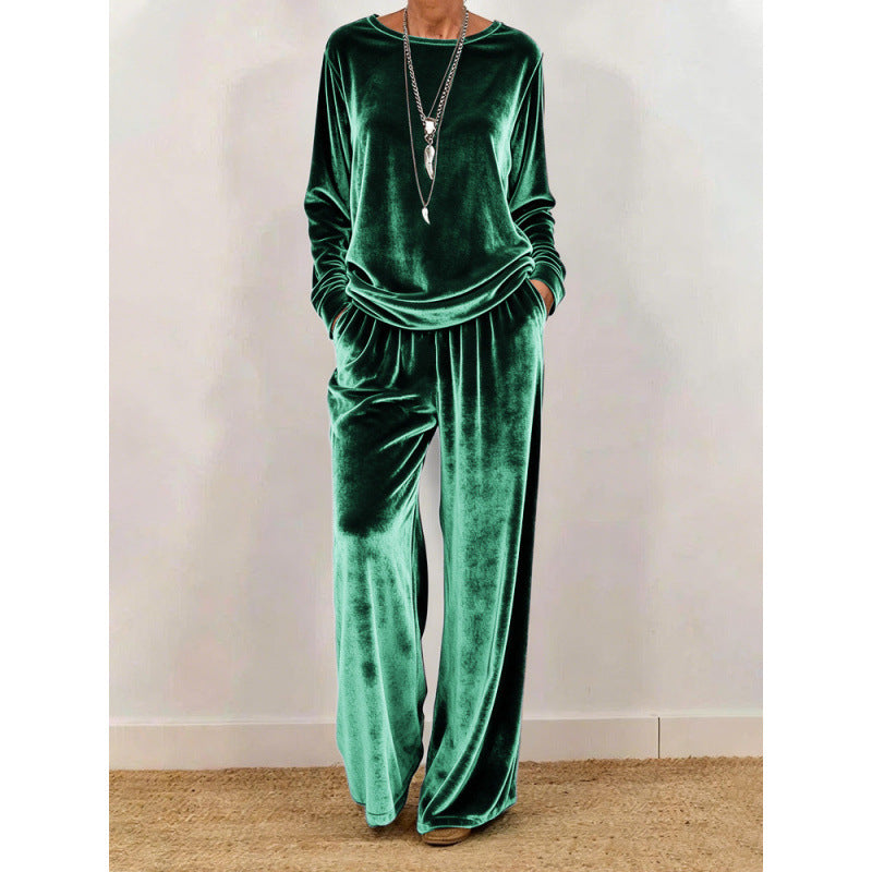 Damen Samt-Loungewear-Set mit weitem Bein, elastischem Bund und Rundhalsausschnitt Shop Nory