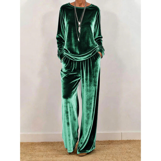 Damen Samt-Loungewear-Set mit weitem Bein, elastischem Bund und Rundhalsausschnitt Shop Nory