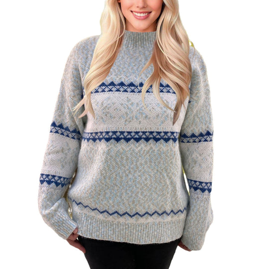 Damen Strukturierter Norweger-Strickpullover mit Rundhalsausschnitt und Retro-Muster Shop Nory