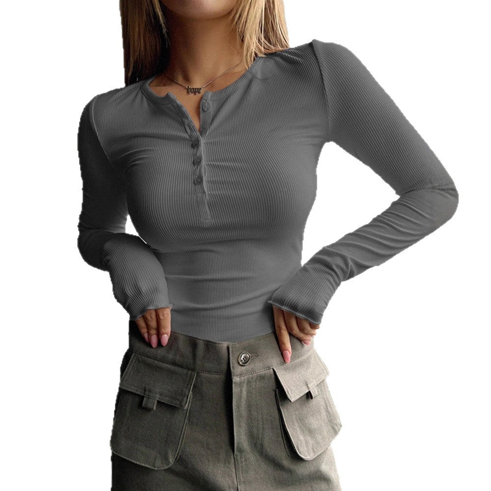 Damen Figurnahe Rippstrick-Henleyshirt mit Knopfleiste und Langarm Shop Nory