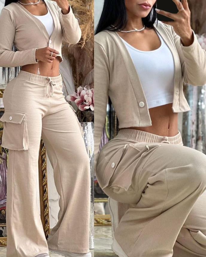 Damen Lounge-Set mit weicher Cargo-Sweathose mit weitem Bein und Cropped-Cardigan Shop Nory