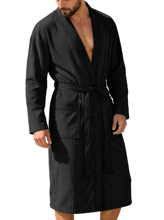 Herren nan wadenlanger Rippen-Bademantel im Kimono-Stil mit Schalkragen und Kontrastpaspel