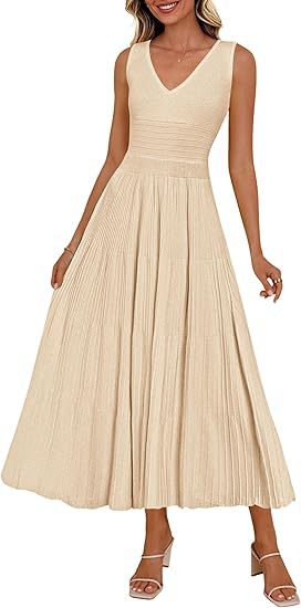 Damen Plisseekleid mit V-Ausschnitt und weitem Saum Shopnory