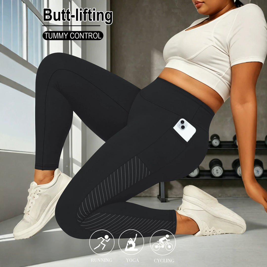 Damen High-Waist Sportleggings knöchellang mit seitlicher Handytasche und Struktur-Panel Shopy Nory