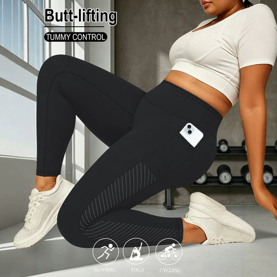 Damen High-Waist Sportleggings knöchellang mit seitlicher Handytasche und Struktur-Panel Shopy Nory
