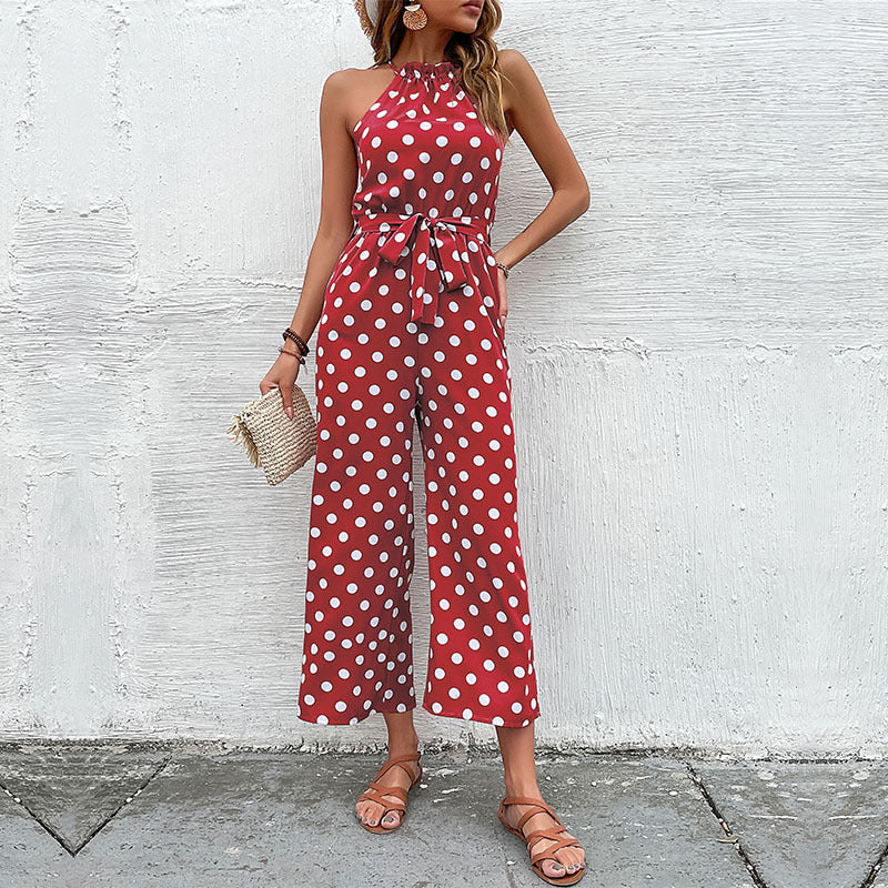 Damen eleganter Jumpsuit mit verstellbarem Bindegürtel und modischem Punkte-Design