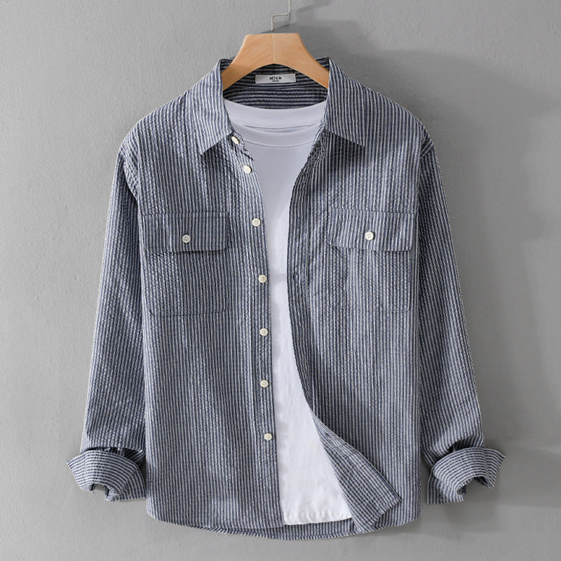 Herren Leichtes Overshirt im Nadelstreifen-Look aus Leinen‑Baumwollmix mit aufgesetzten Brusttaschen Shop Nory