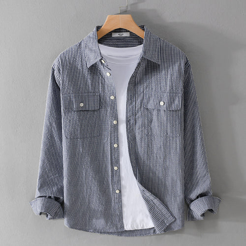 Herren Leichtes Overshirt im Nadelstreifen-Look aus Leinen‑Baumwollmix mit aufgesetzten Brusttaschen Shop Nory