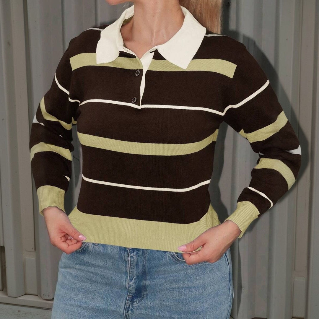 Damen Gestreifter Rugby-Pullover mit Polokragen und gerippten Abschlüssen Shop Nory