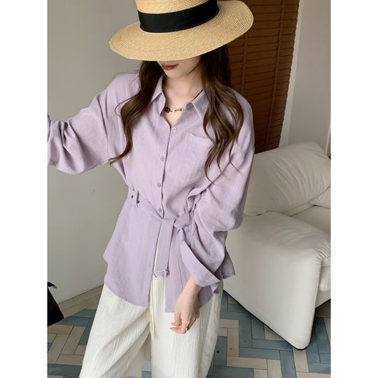 Damen Weit geschnittene Leinen‑Hemdbluse mit Taillengürtel und Brusttasche Shop Nory
