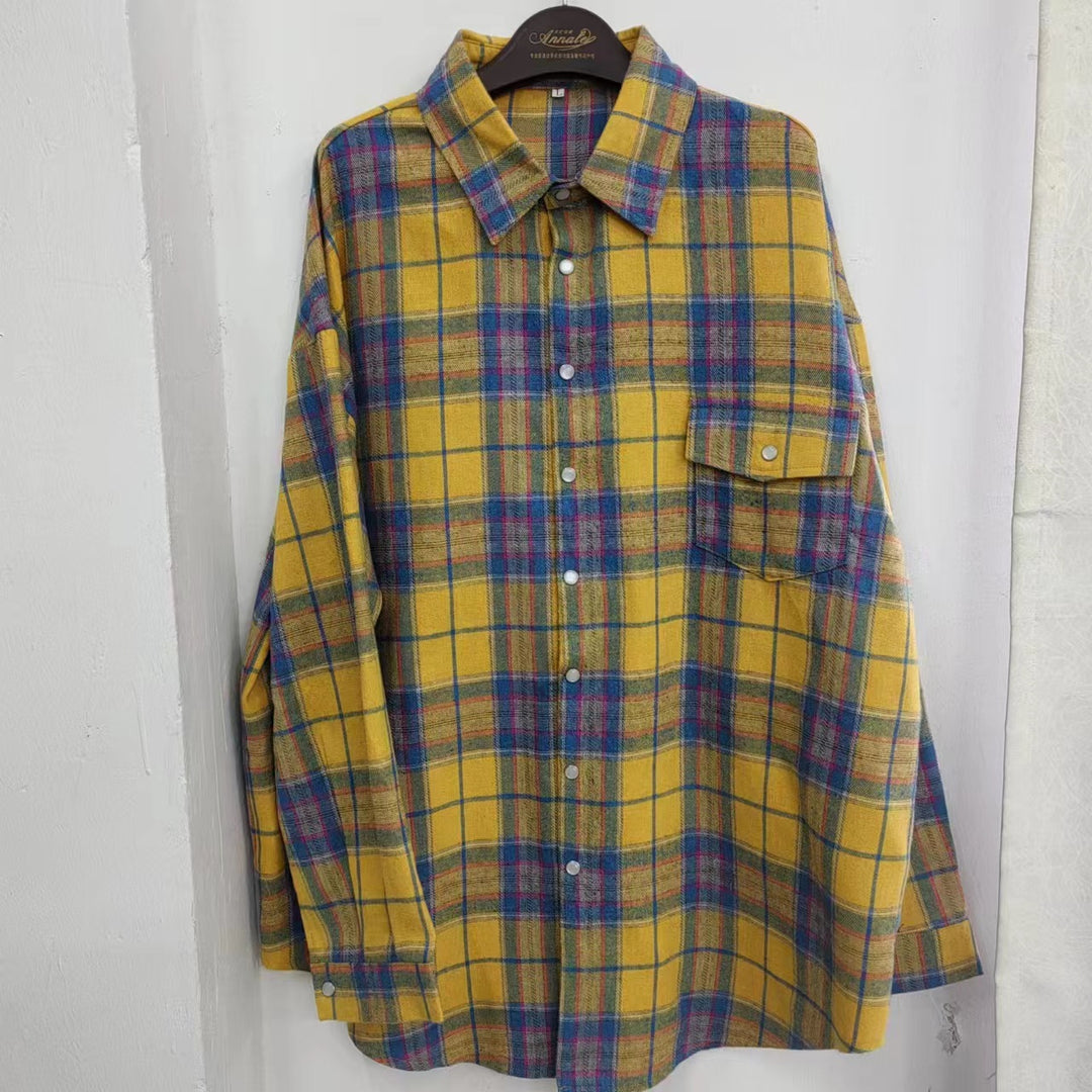 Damen Karo Oversize Flanellhemd Bluse mit Druckknopfblende und Hemdkragen Shop Nory