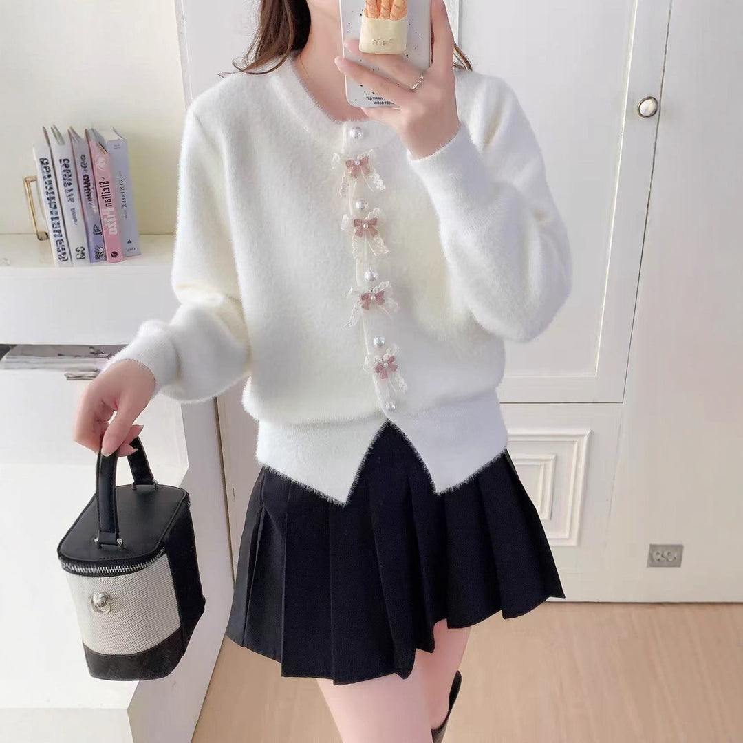 Damen Flauschige Strickjacke mit Perlen und Rüschendetails Shop Nory