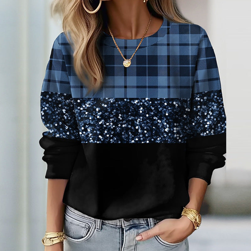 Damen Sweatshirt mit Karomuster, Pailletten-Band und lockerem Saum Shop Nory