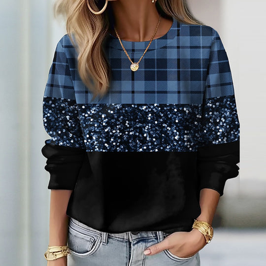 Damen Sweatshirt mit Karomuster, Pailletten-Band und lockerem Saum Shop Nory
