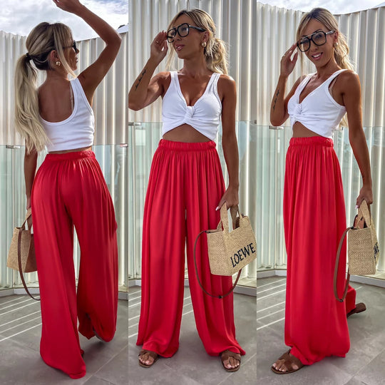 Damen weit geschnittene Palazzo-Hose mit hohem elastischem Bund und fließendem Jersey Shop Nory