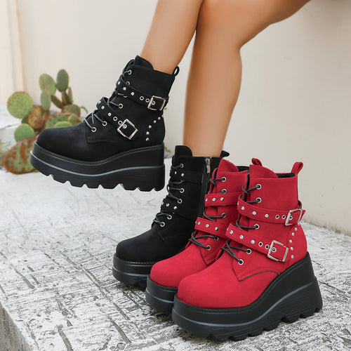 Damen Wedge-Stiefel mit modischen Schnallen und robustem Plateau