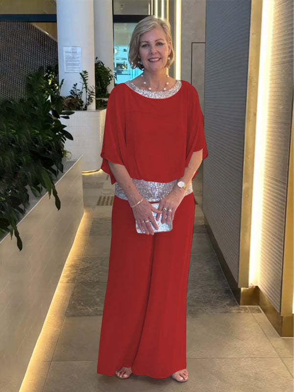 Damen Eleganter Jumpsuit mit schimmerndem Oberteil und weitem Bein