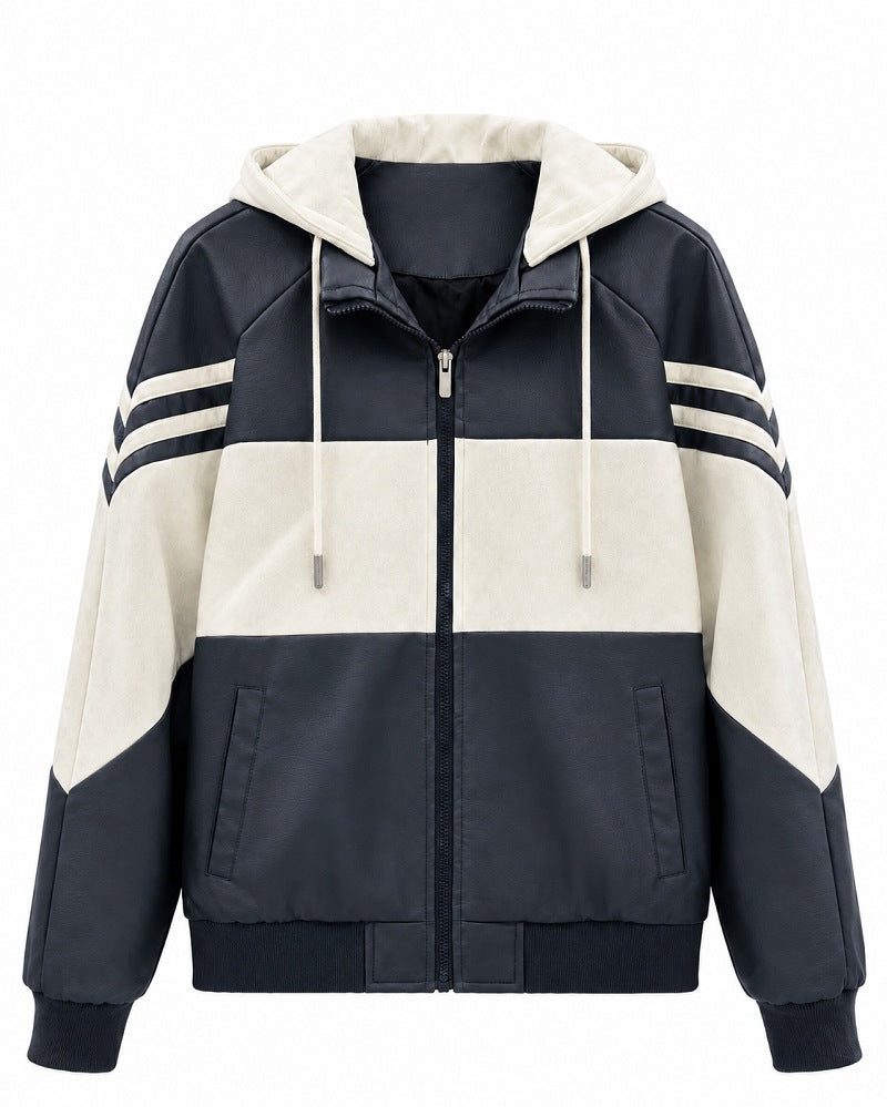 Herren Sportlicher Kapuzen‑Bomber mit Kunstlederoptik, Kontraststreifen und Reißverschluss Shop Nory