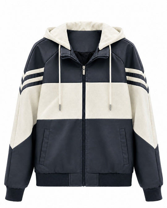 Herren Sportlicher Kapuzen‑Bomber mit Kunstlederoptik, Kontraststreifen und Reißverschluss Shop Nory