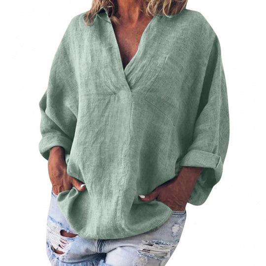 Damen weite Leinen-Tunika mit V-Ausschnitt und rollbaren Ärmeln Shop Nory