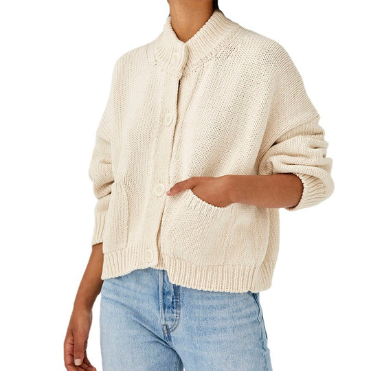 Damen Kurzer Boxy-Cardigan aus Grobstrick mit hoher Knopfleiste und Eingrifftaschen Shop Nory