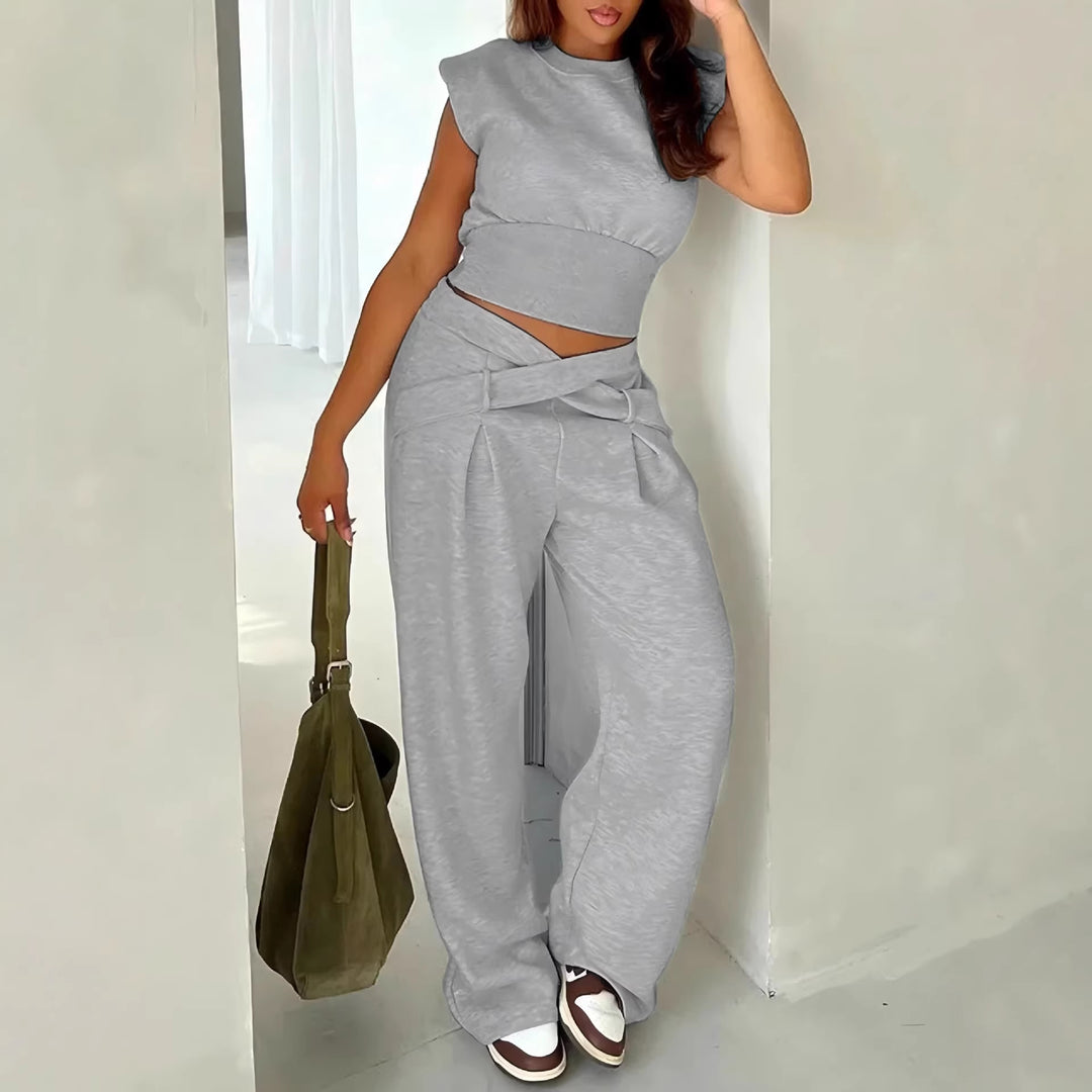 Damen Weite High-Waist-Hose mit Wickelbund, Ziergürtel und Bundschnitt Shop Nory