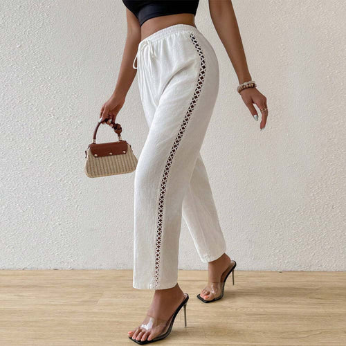 Damen lässige Leinenoptik-Hose mit elastischem Bund, Tunnelzug und seitlicher Spitzeneinsatz Shop Nory