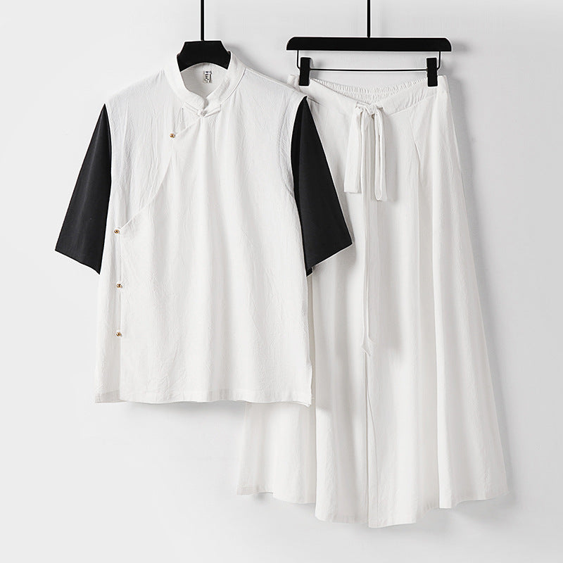 Damen Zweiteiliges Kimono-Loungewear-Set aus Leinenmischung mit Stehkragen asymmetrischer Knopfleiste und weitem Palazzo-Hosenrock Shop Nory