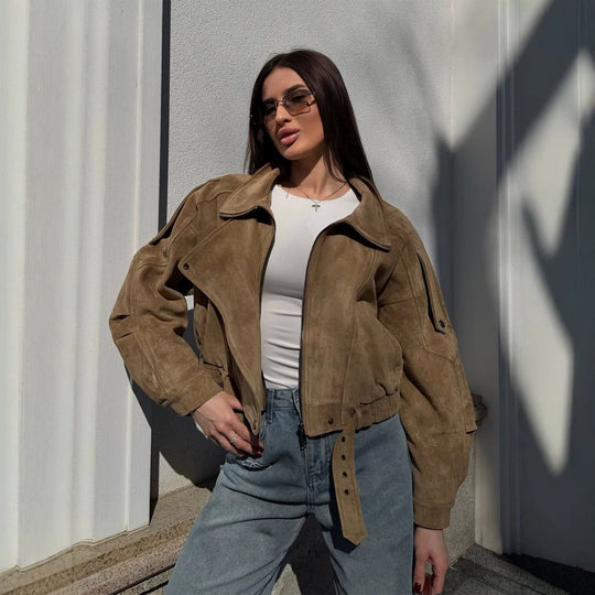 Damen Kurz geschnittene Wildleder-Bomberjacke mit Gürtel & Oversize-Ärmeln Shop Nory