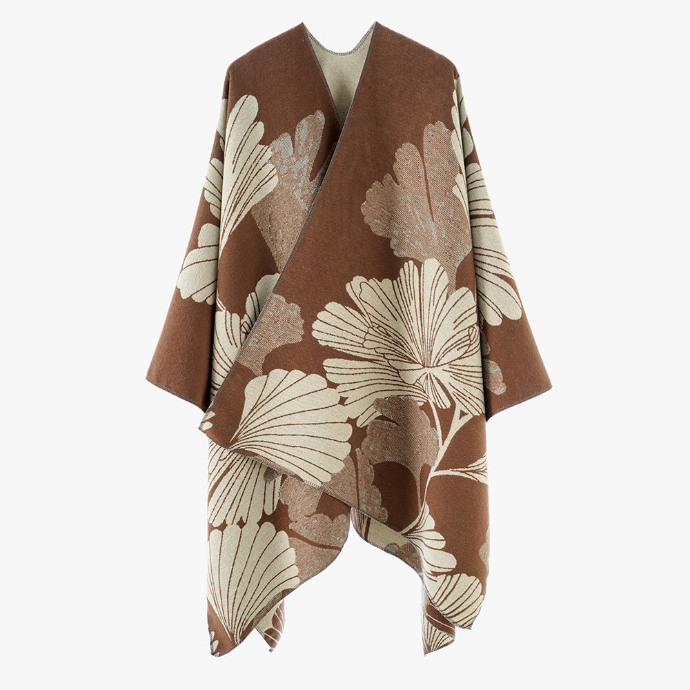 Damen Wendbarer Jacquard‑Überwurf mit großen Blattmotiven und asymmetrischem Zipfelsaum Shop Nory