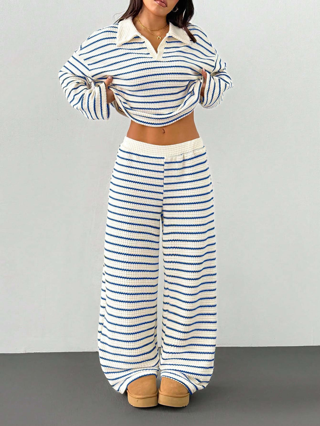 Damen Gestreiftes Strick-Set aus Polokrippenpullover und weiten Palazzo-Strickhose Shop Nory