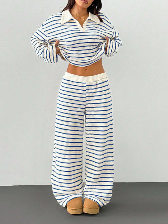Damen Gestreiftes Strick-Set aus Polokrippenpullover und weiten Palazzo-Strickhose Shop Nory