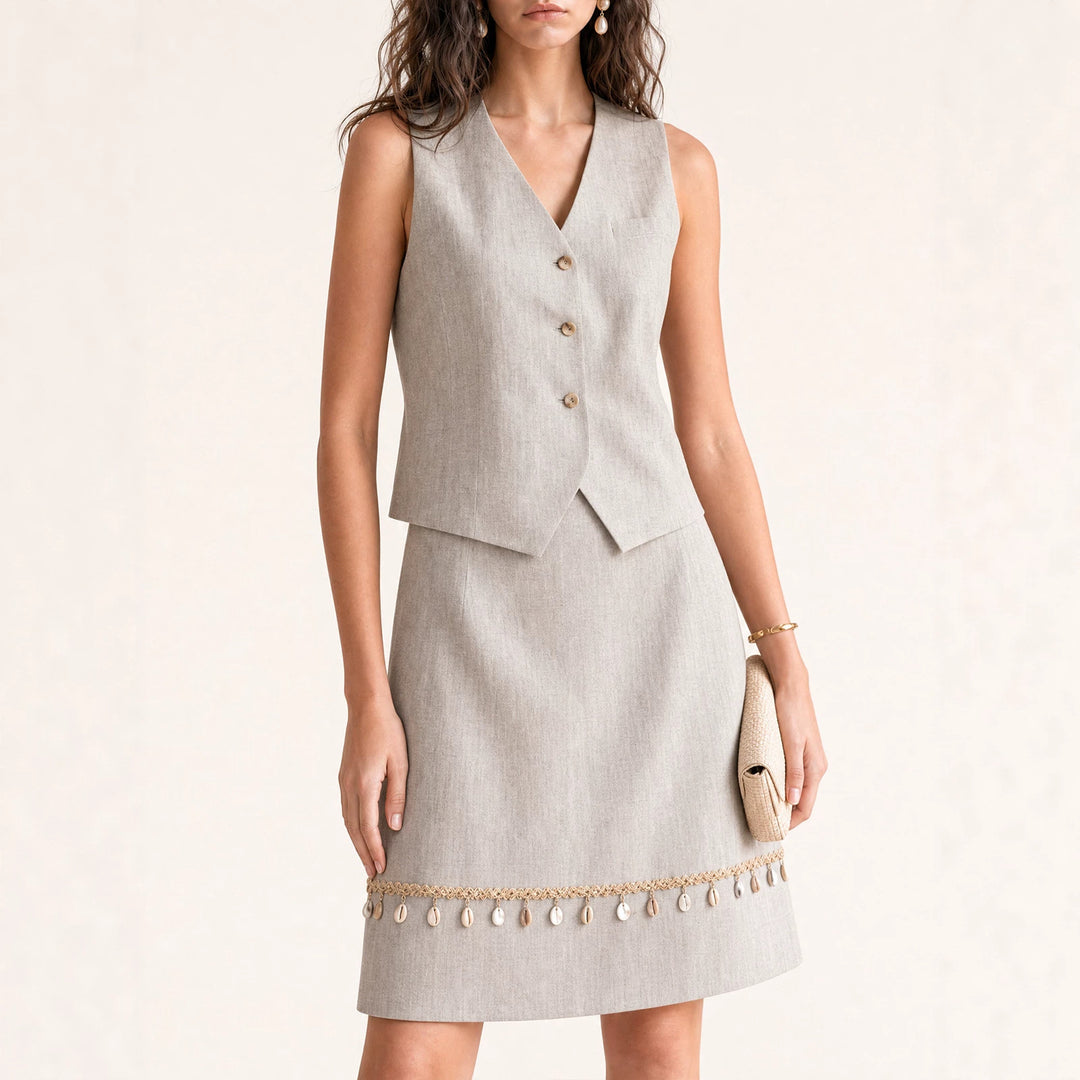 Damen Eleganter Leinenrock mit Zierperlen Shop Nory