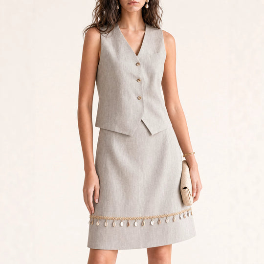 Damen Eleganter Leinenrock mit Zierperlen Shop Nory