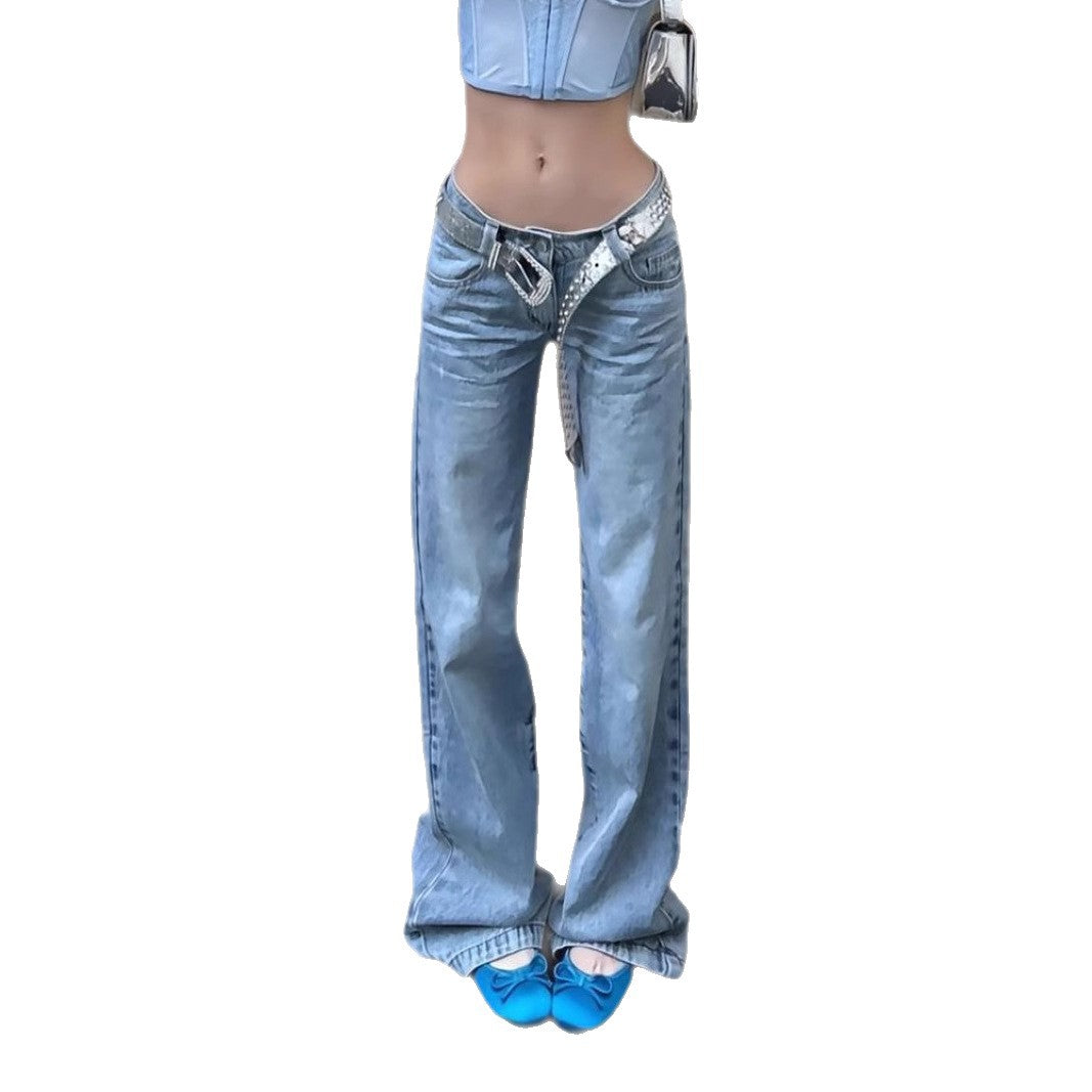 Damen Weit geschnittene Jeans mit hohem Bund und trendy Gürtel Shopnory