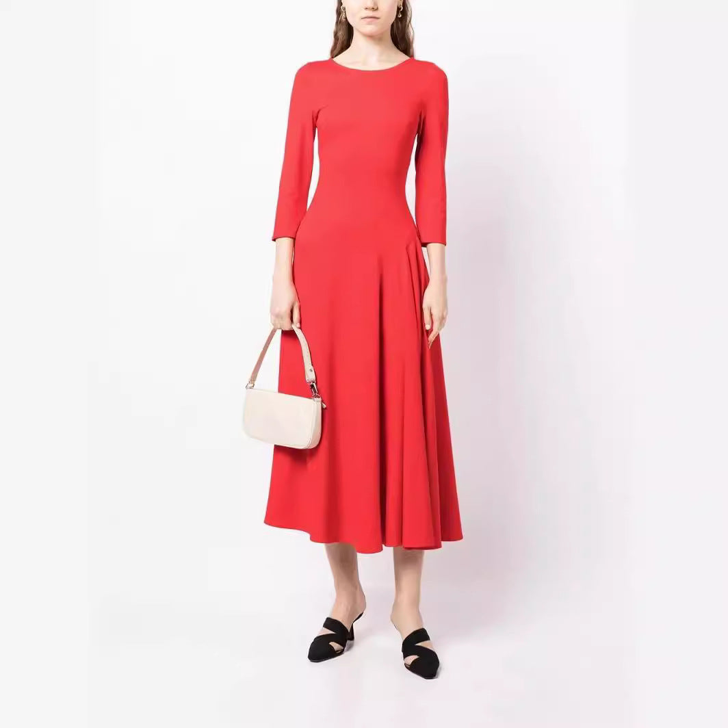 Damen Elegantes Midikleid mit tailliertem A-Linien-Schnitt und dreiviertel Ärmeln Shop Nory