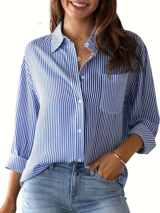 Damen Leichte Oversize-Hemdbluse mit vertikalen Streifen, Kentkragen und dreiviertelärmeln Shop Nory