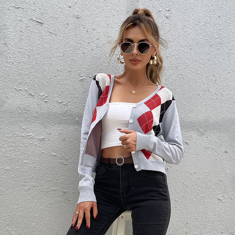 Damen Leichter Kurzcardigan mit Rautenmuster, V-Ausschnitt und Knopfleiste Shop Nory