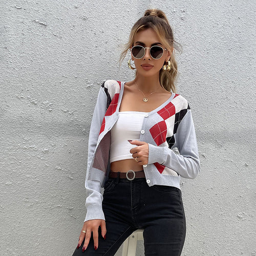 Damen Leichter Kurzcardigan mit Rautenmuster, V-Ausschnitt und Knopfleiste Shop Nory