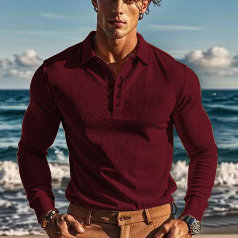 Herren nan körperbetontes Langarm-Henley-Poloshirt aus feiner Rippenstruktur Shop Nory