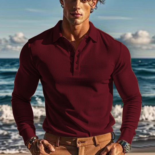 Herren nan körperbetontes Langarm-Henley-Poloshirt aus feiner Rippenstruktur Shop Nory