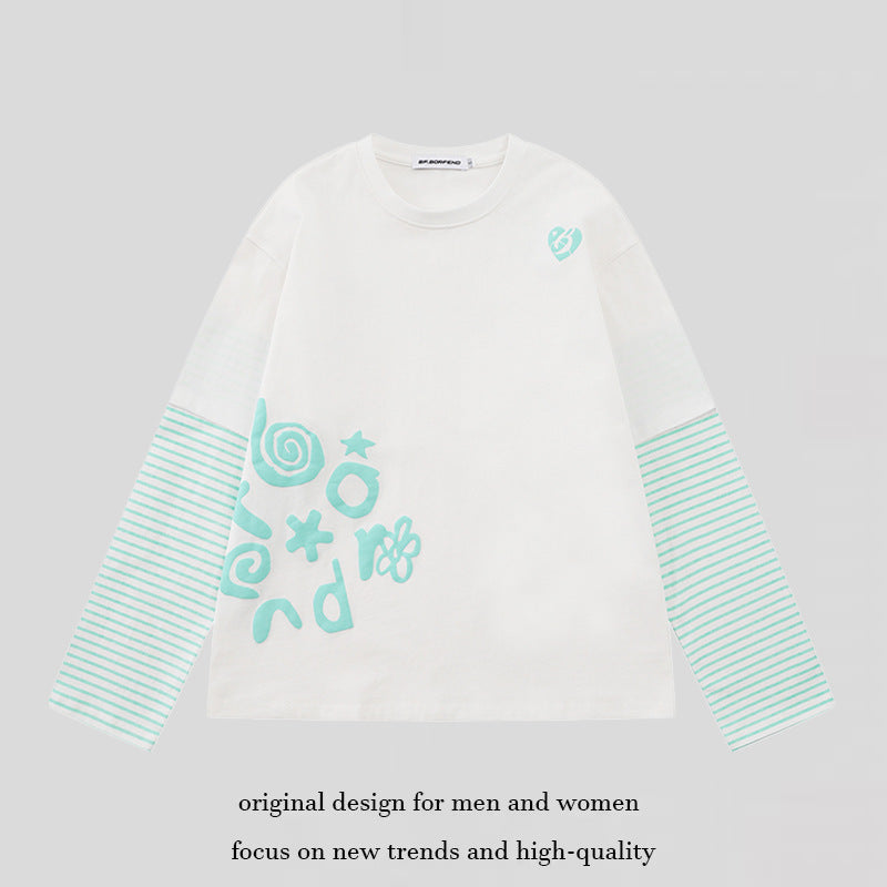 Damen Lagen-Langarmshirt im Layer-Look mit gestreiften Einsatzärmeln und verspieltem Grafik-Doodle-Print Shop Nory