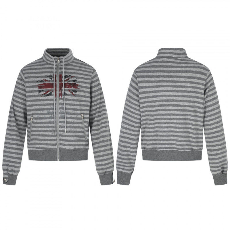 Unisex Gestreifter Zip-Hoodie mit Troyerkragen, Brust-Print und Reißverschlusstaschen Shop Nory