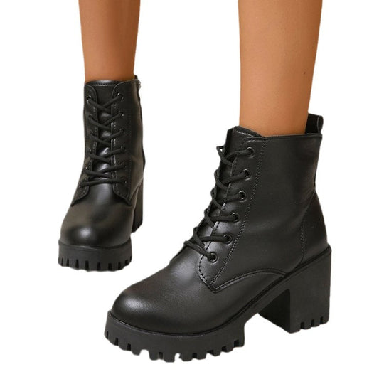 Damen High-Top Stiefeletten mit robustem Blockabsatz und Schnürung